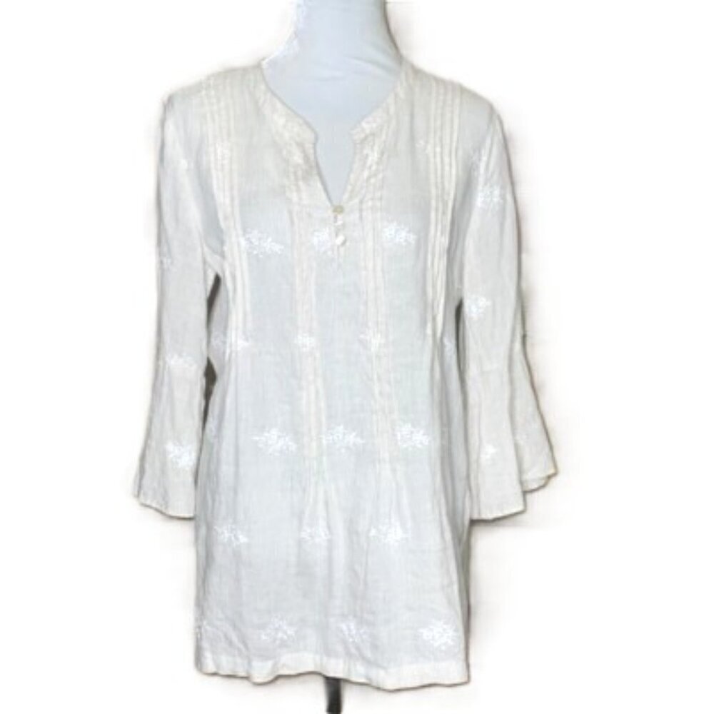 St. Tropez Pinstripe White Beige Floral Pleated Lagenlook Linen Tunic Top